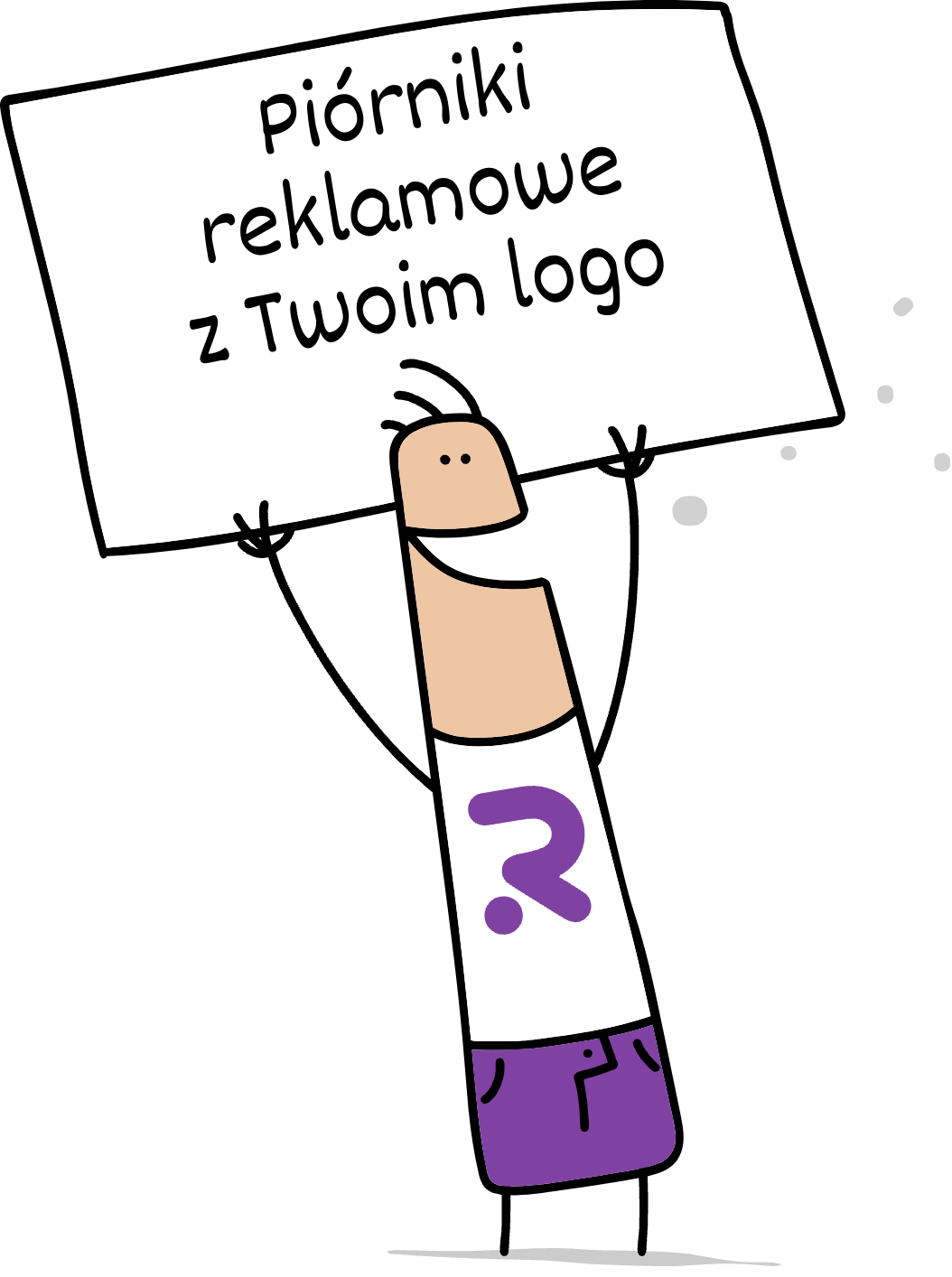 Buddy trzymający napis piorniki reklamowe z Twoim logo